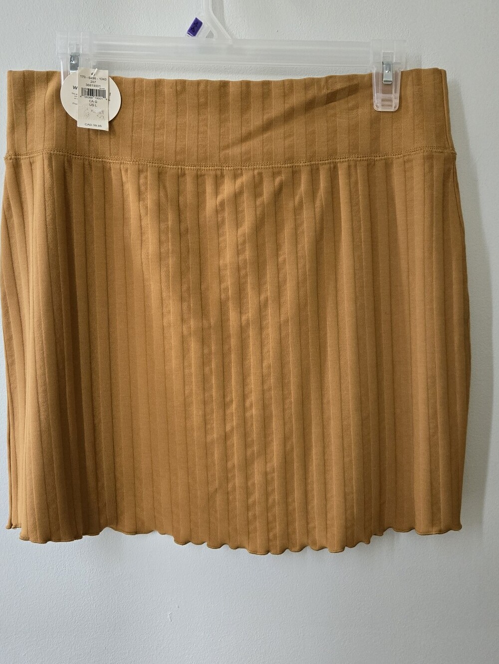 Offline Aerie Ribbed Knit Mini Skirt LG Mustard Gold Lettuce Hem Boho Pull On
